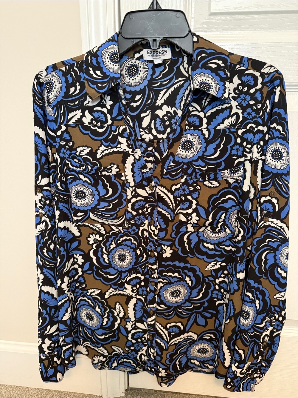 Express women's Blue, Brown & Black Floral Button-Down Shirt
